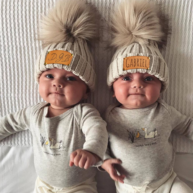 Personalized Knitted PomPom Hat(Vegan Leather Patch)