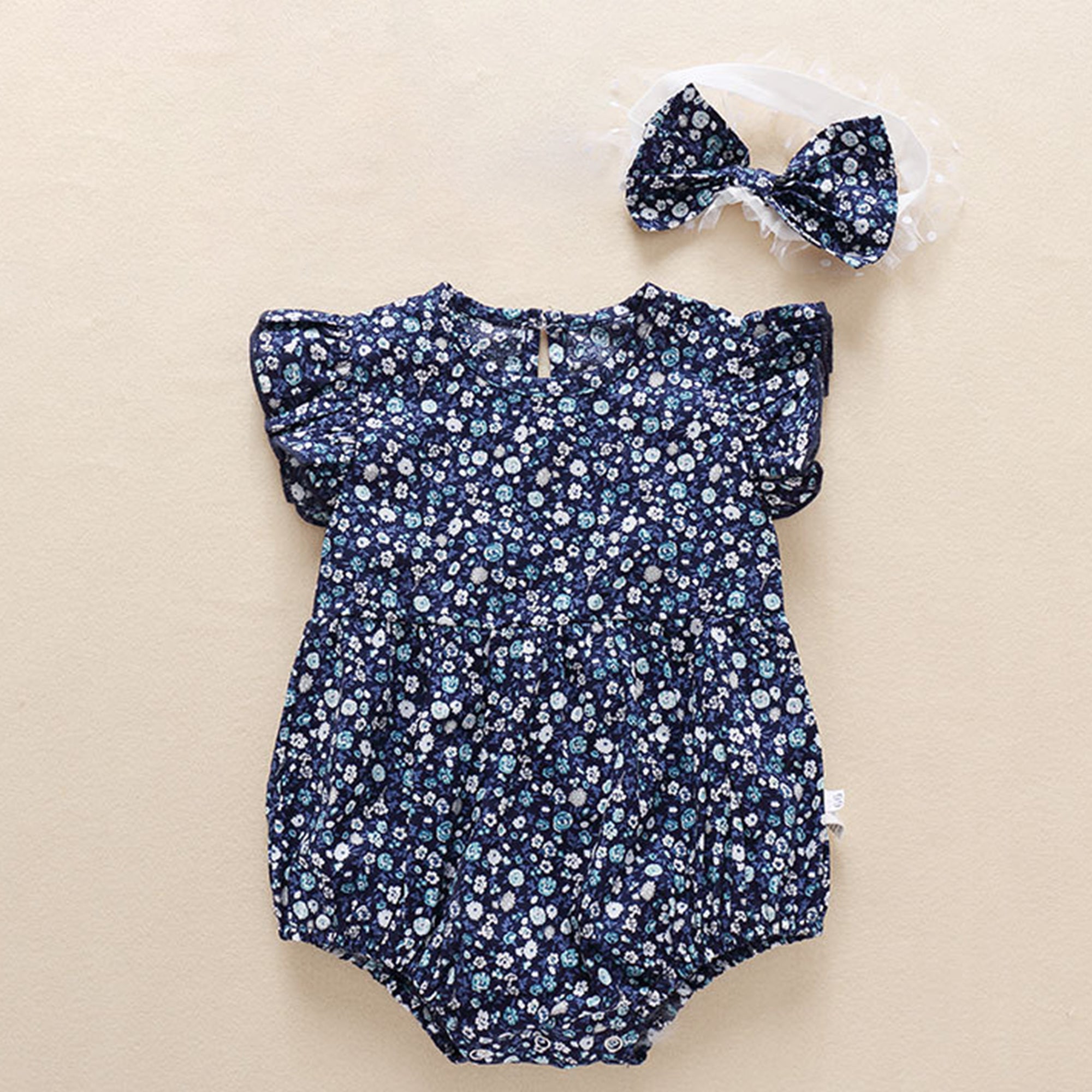 Baby Girl Summer Floral Flutter Sleeve Jumpsuit with Headband