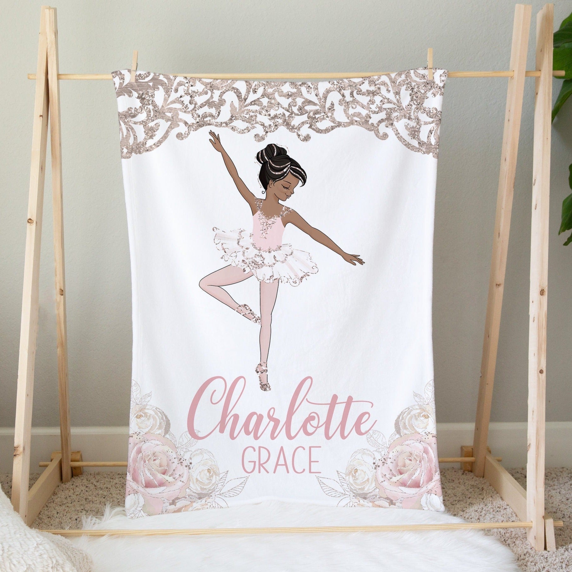 Personalized Ballerina Black Girl Flannel Blanket