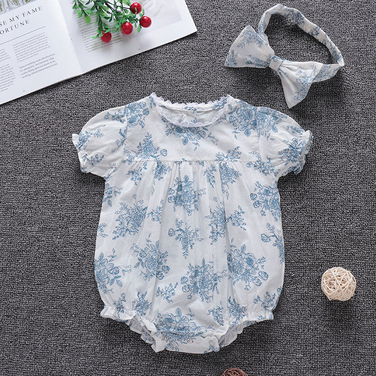 Baby Girl Summer Vintage Floral Jumpsuit with Headband