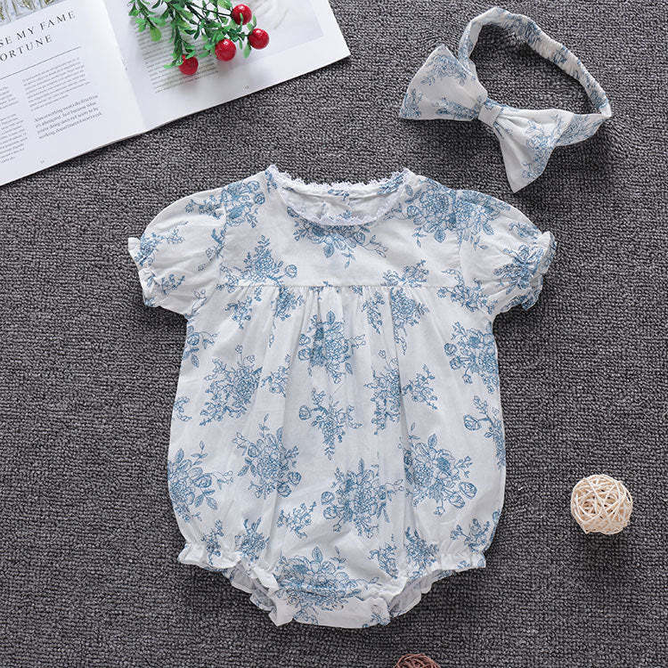 Baby Girl Summer Vintage Floral Jumpsuit with Headband