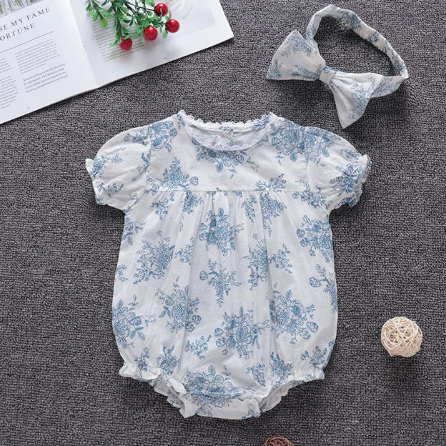 Baby Girl Summer Vintage Floral Jumpsuit with Headband