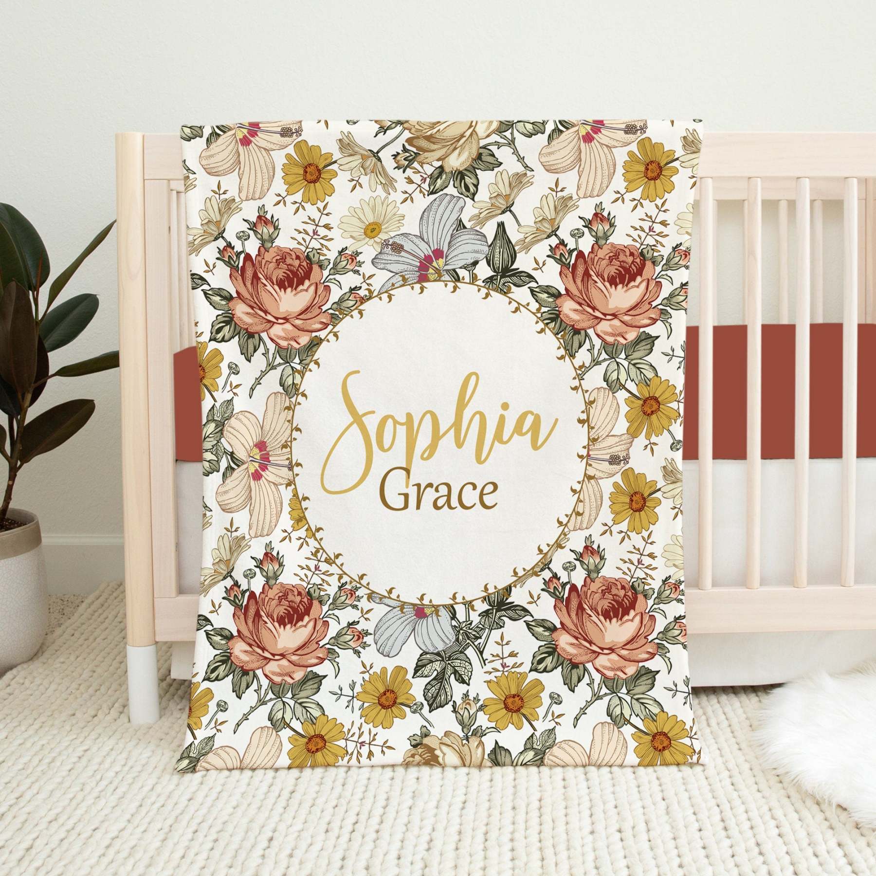 Personalized Rust Mustard Vintage Floral Baby Flannel Blanket