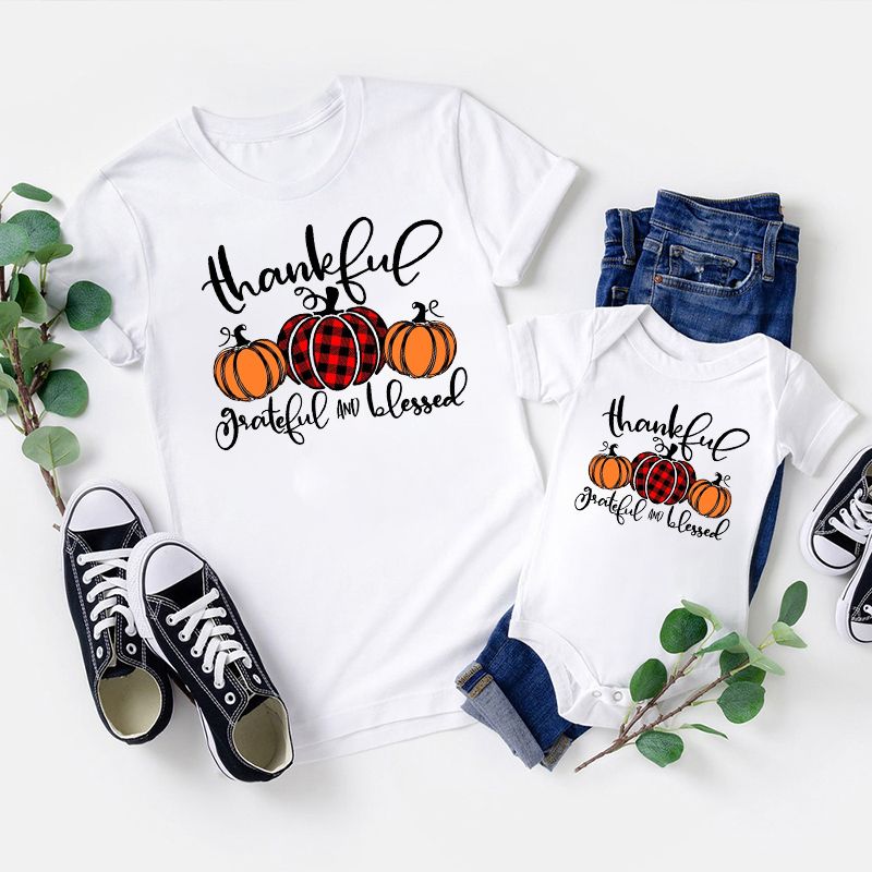 Buffalo Plaid Pumpkin Thankful Grateful Blessed Matching Shirts