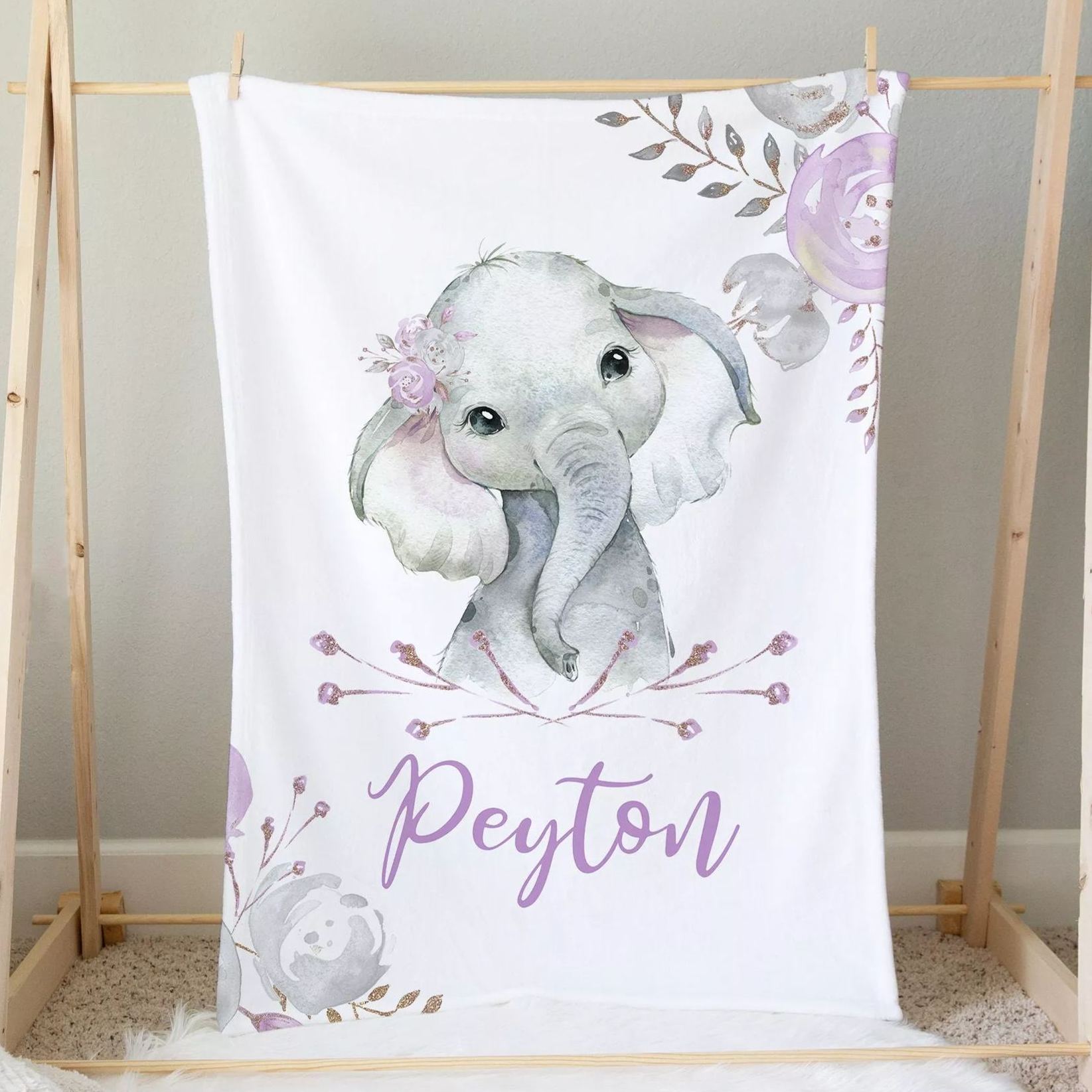 Personalized Elephant Purple Baby Flannel Blanket