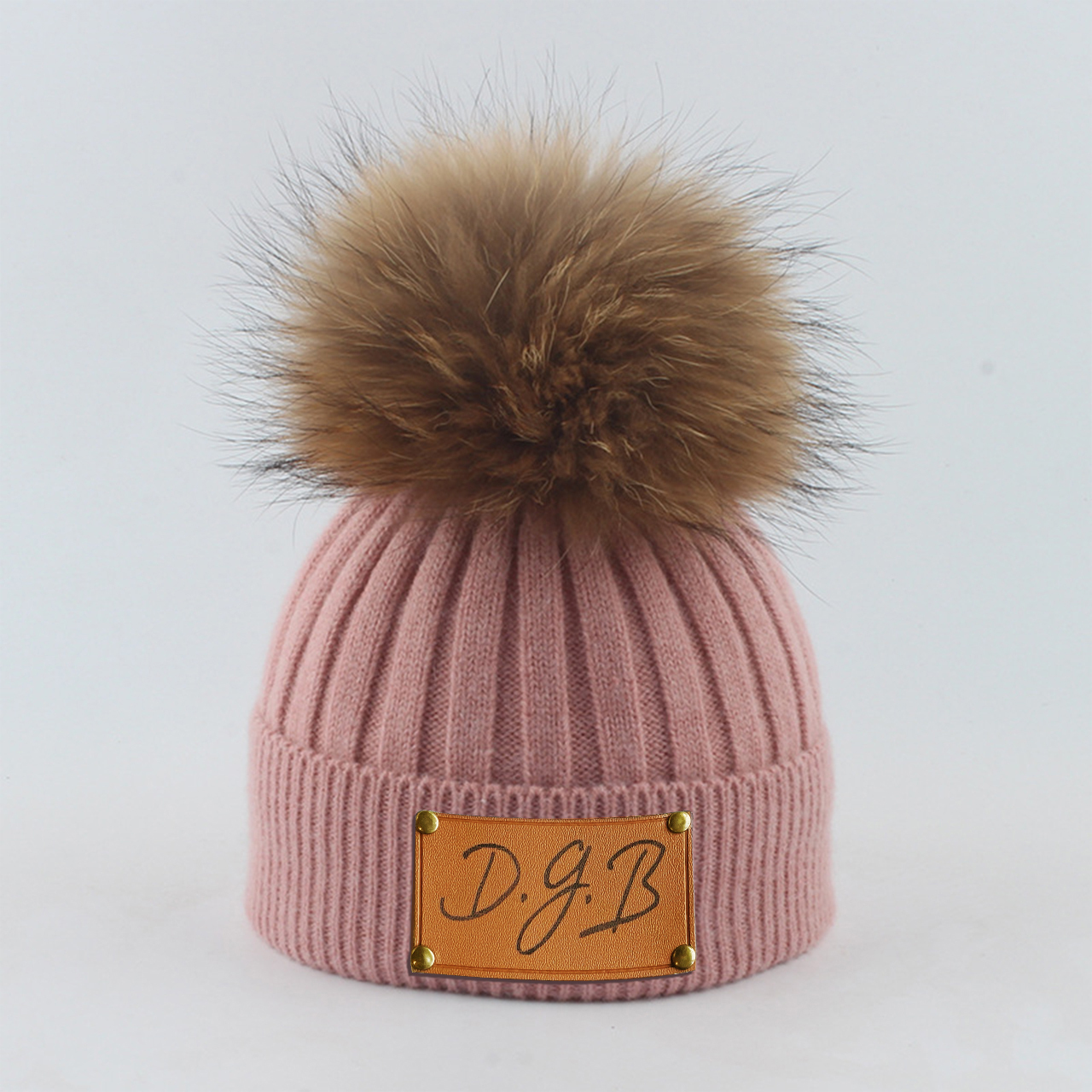 Personalized Knitted PomPom Hat(Vegan Leather Patch)