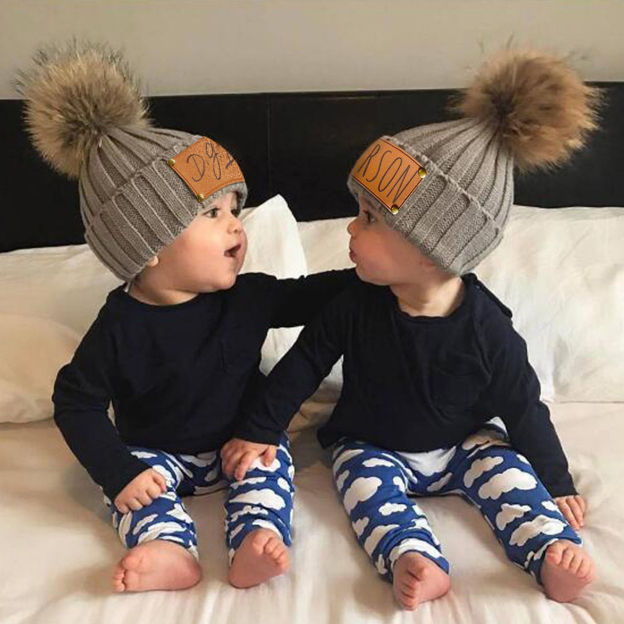 Personalized Knitted PomPom Hat(Vegan Leather Patch)