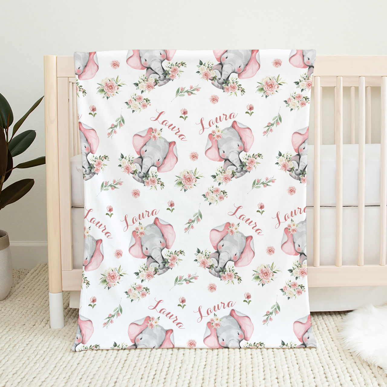 Pink Elephant & Florals Personalized Baby Flannel Blanket