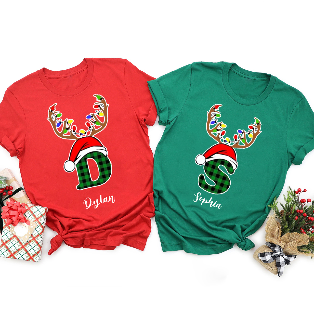 Personalized Antlers Hat Monogrammed Family Christmas Shirts