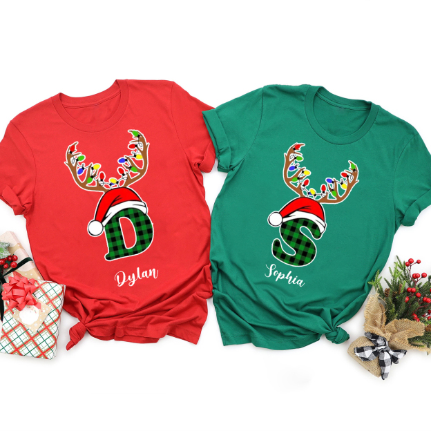 Personalized Antlers Hat Monogrammed Family Christmas Shirts