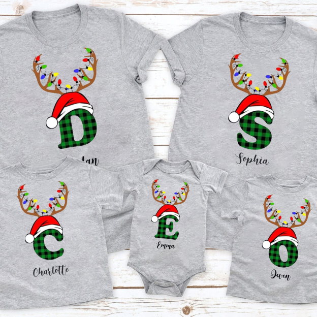 Personalized Antlers Hat Monogrammed Family Christmas Shirts