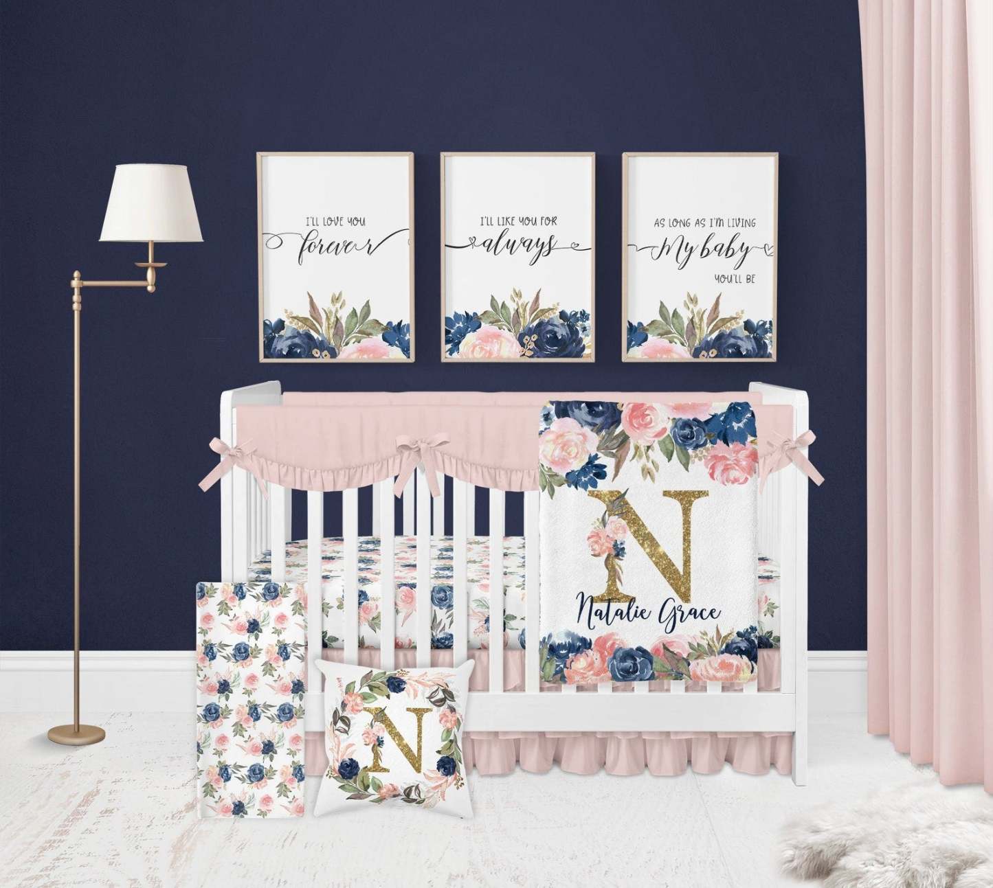 Personalized Navy And Pink Baby Flannel Blanket