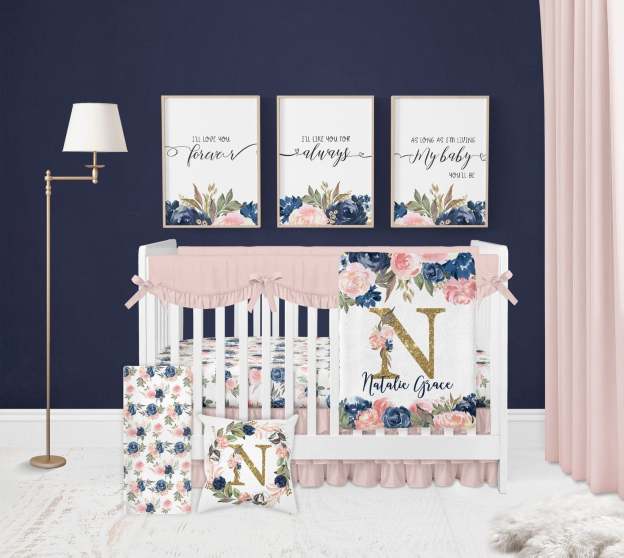Personalized Navy And Pink Baby Flannel Blanket
