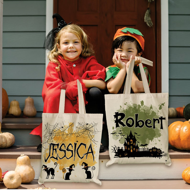 Personalized Halloween Tote Bag - Custom Name Trick Or Treat Canvas Bag, 15x15 Inches, Reusable