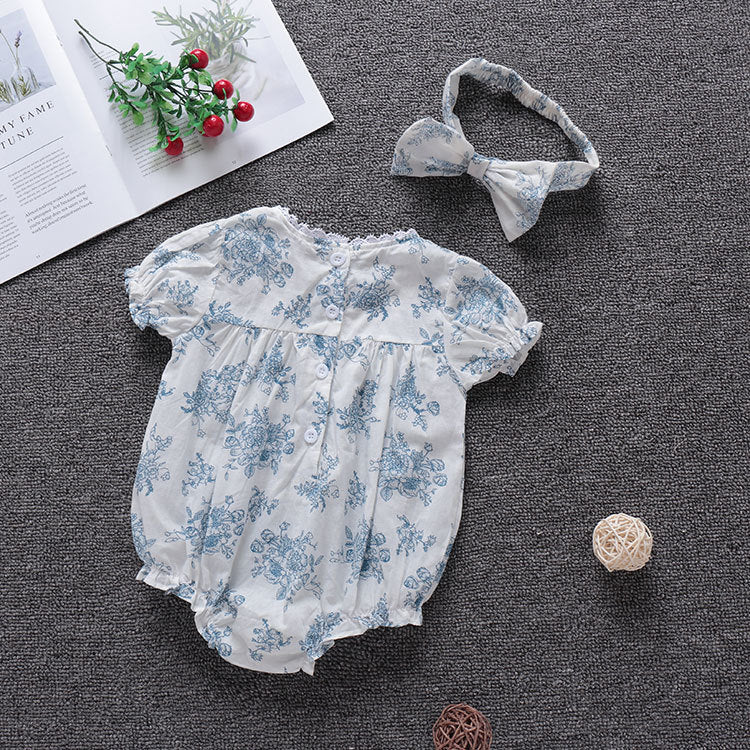 Baby Girl Summer Vintage Floral Jumpsuit with Headband