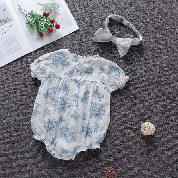 Baby Girl Summer Vintage Floral Jumpsuit with Headband
