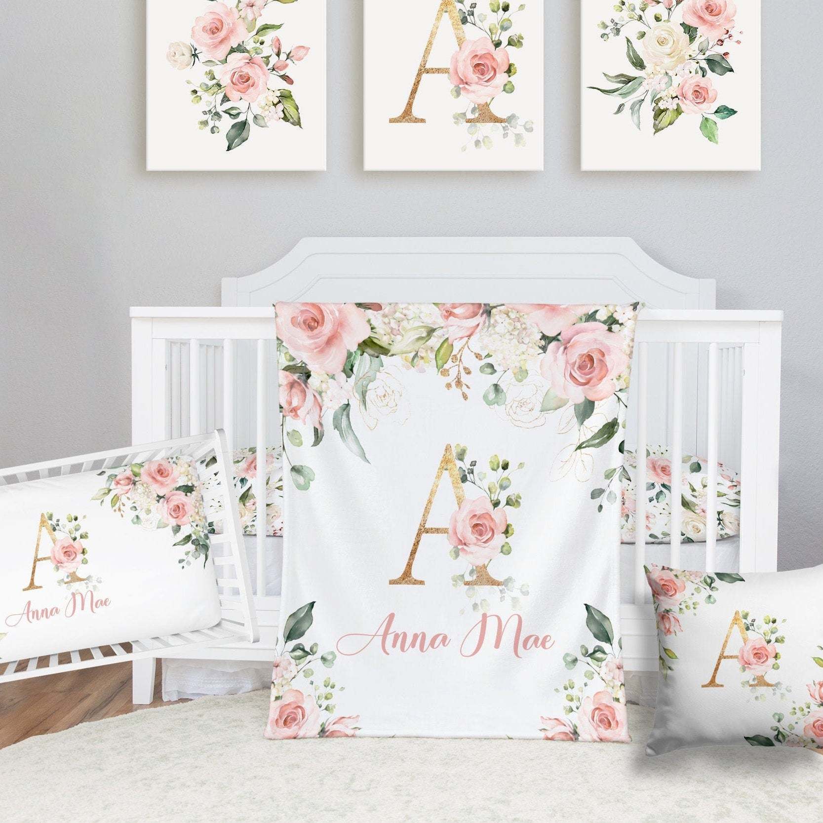 Personalized Vintage Pink Floral Baby Flannel Blanket