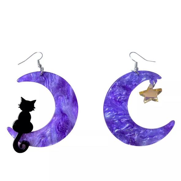 Halloween Black Cat & Moon Acrylic Earring 