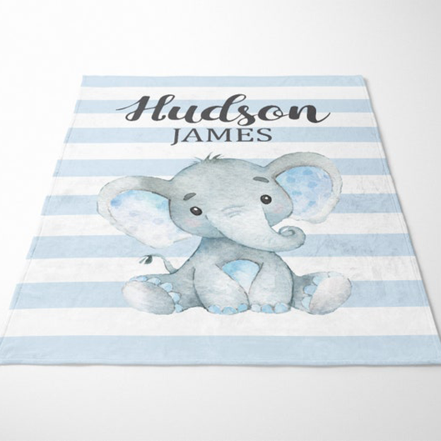 Personalized Blue Elephant Baby Boy Flannel Blanket