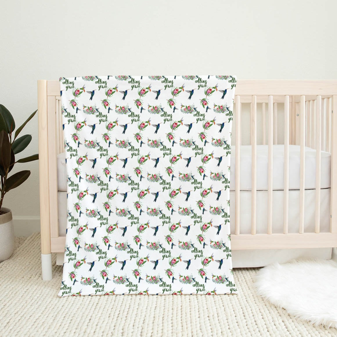 Personalized Hummingbird Floral Baby Flannel Blanket