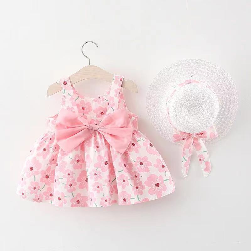 Baby Girl Summer Peach Blossom Dress with Sun Hat