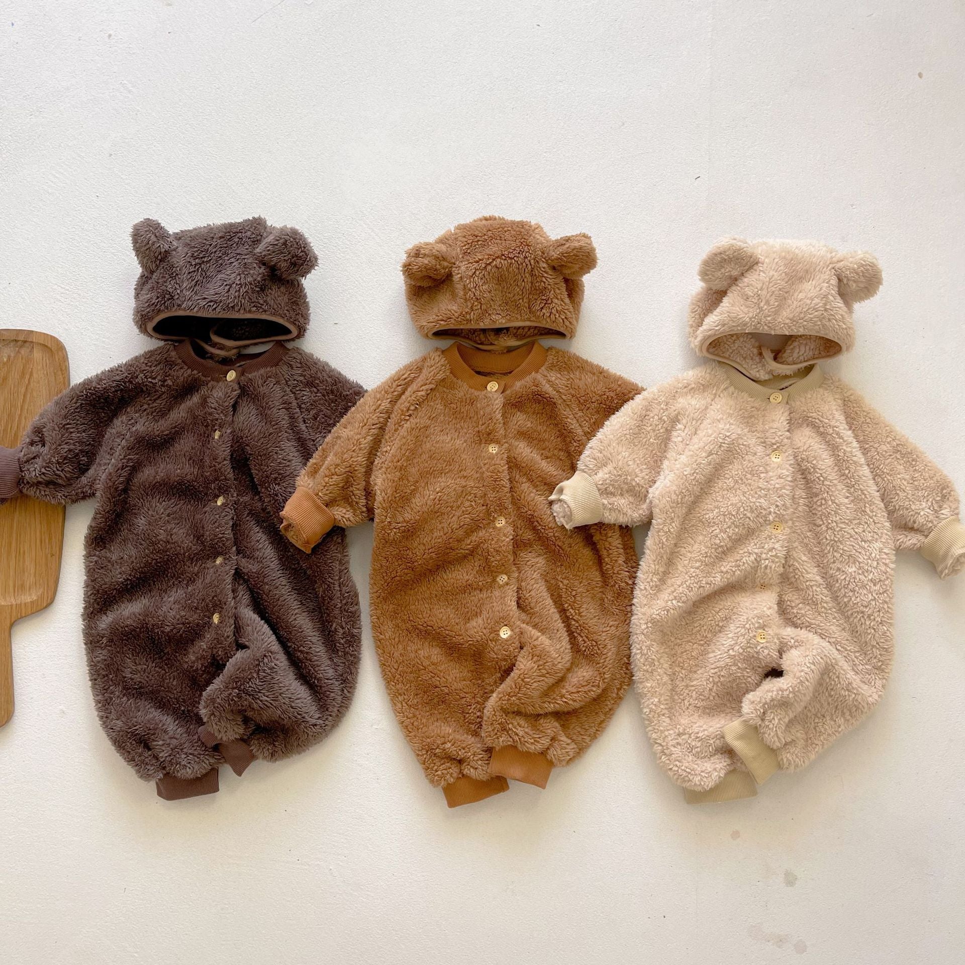 3 Colors Baby Fluffy Winter Romper With Bear Ears Hat