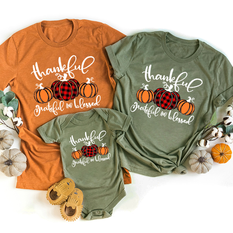 Buffalo Plaid Pumpkin Thankful Grateful Blessed Matching Shirts