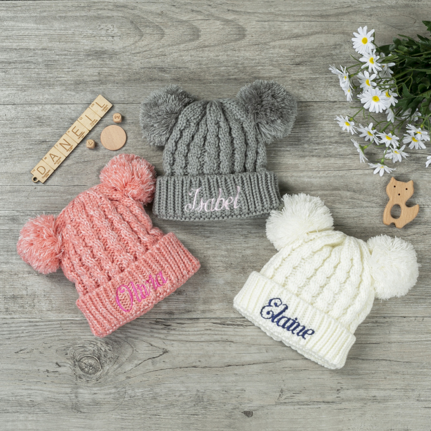0-6T Double Pom Pom Beanies/hat Personalized (Knit)