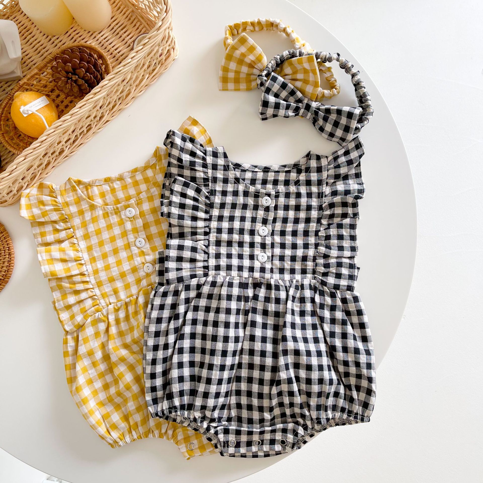 Plaid Baby Summer Jumpsuit Headband Set