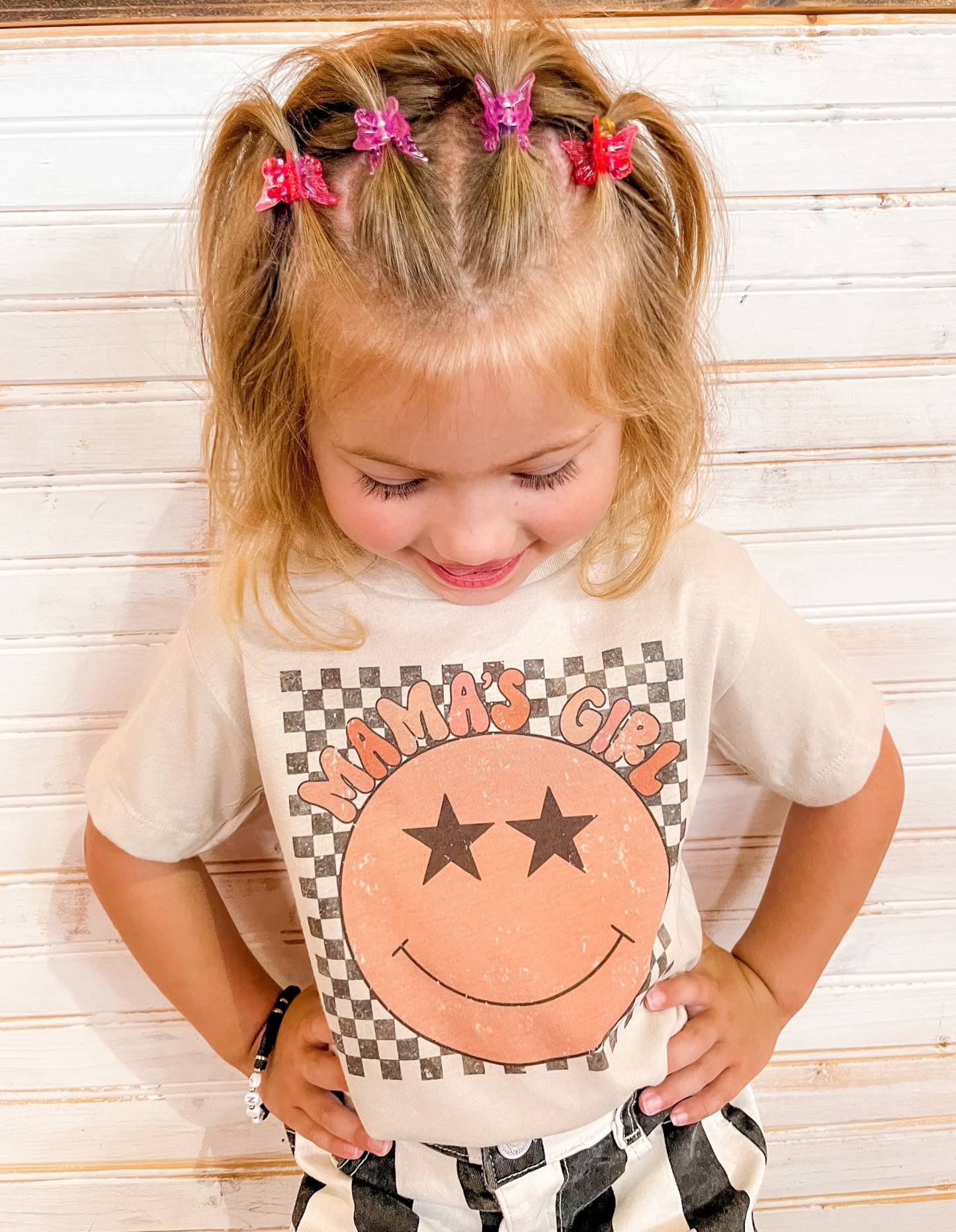 Mama's Girl Check Smiley Tee Kids T-Shirt