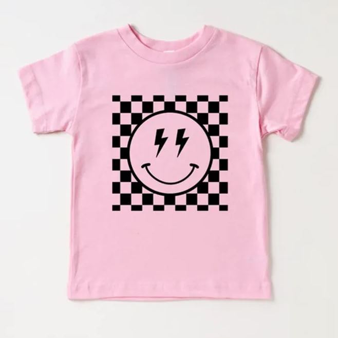 Lightning Eyes Smiley Face Checkered Kids Shirt