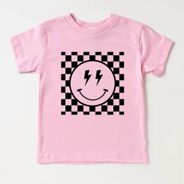 Lightning Eyes Smiley Face Checkered Kids Shirt
