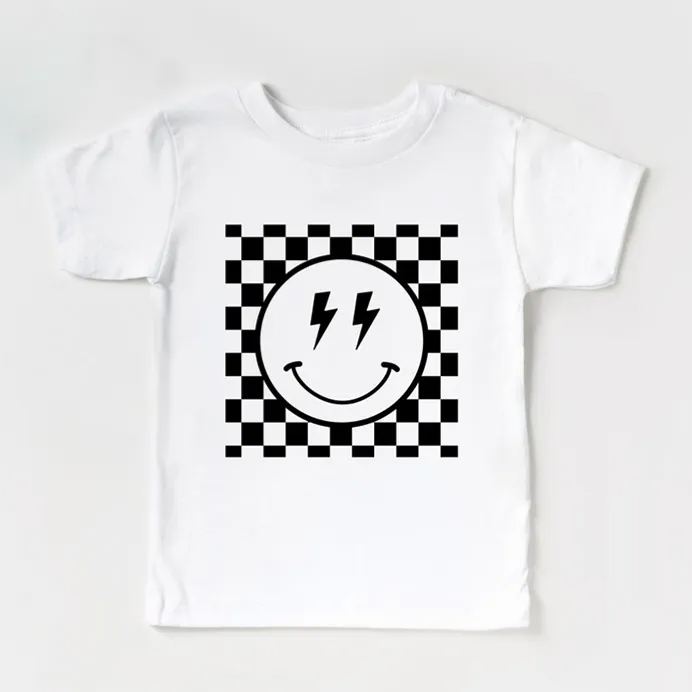 Lightning Eyes Smiley Face Checkered Kids Shirt