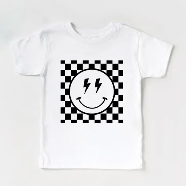 Lightning Eyes Smiley Face Checkered Kids Shirt