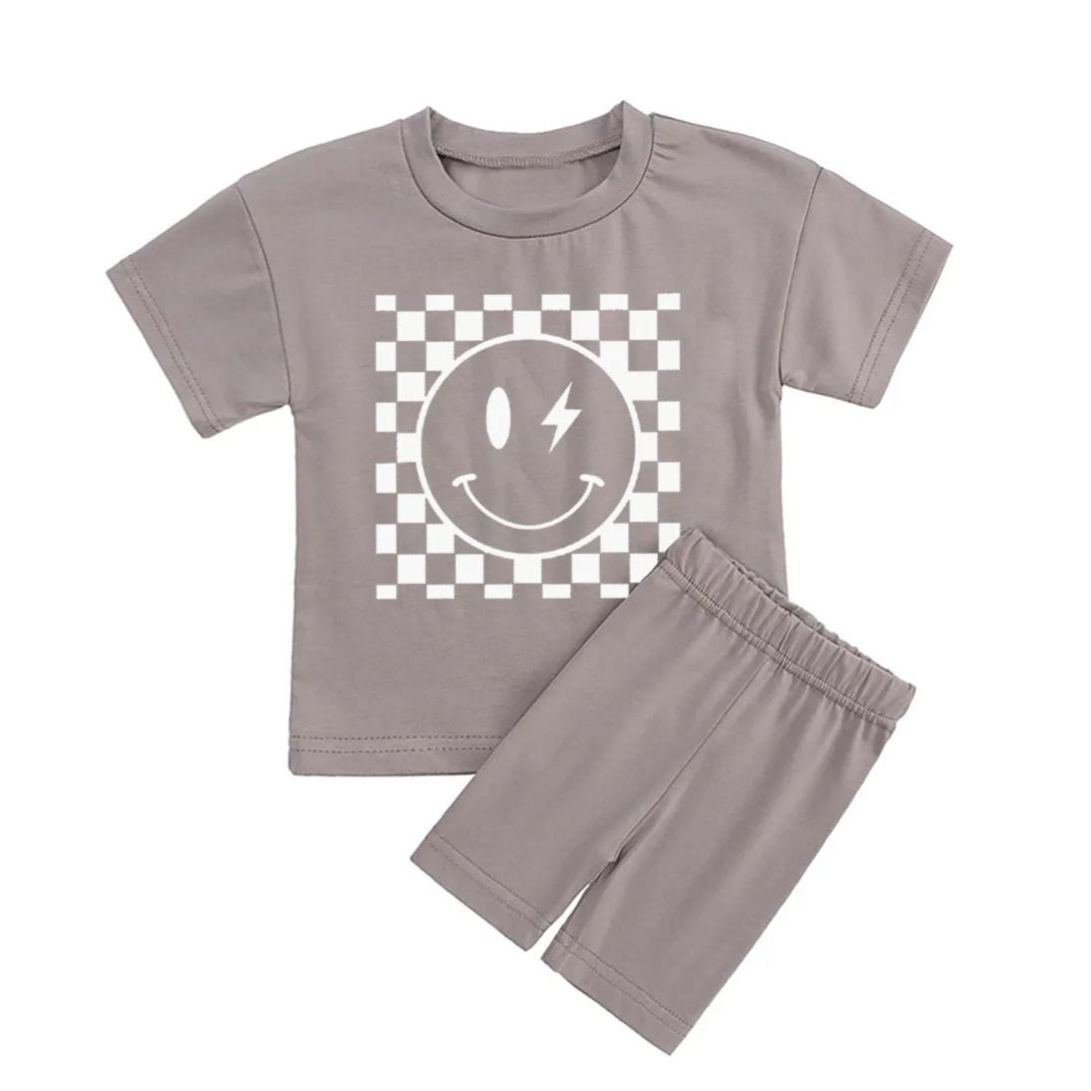 Retro Smile Face Toddler Peach Boho Biker Shorts&Tee