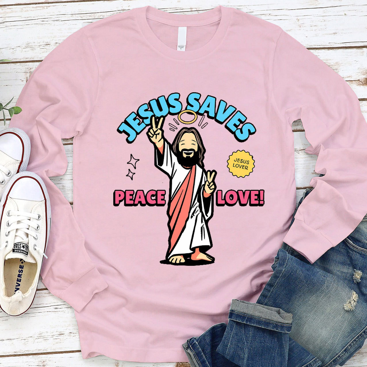 Jesus Saves Peace and Love Long Sleeve Tee