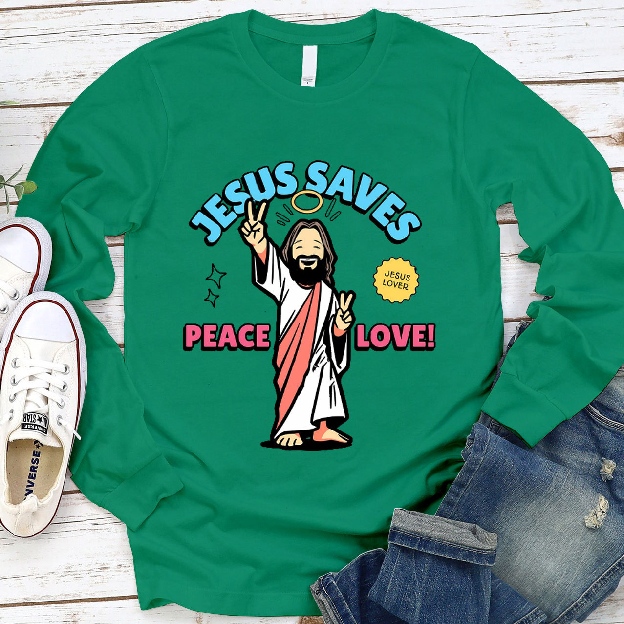 Jesus Saves Peace and Love Long Sleeve Tee