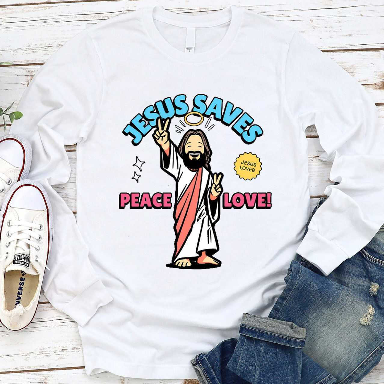 Jesus Saves Peace and Love Long Sleeve Tee
