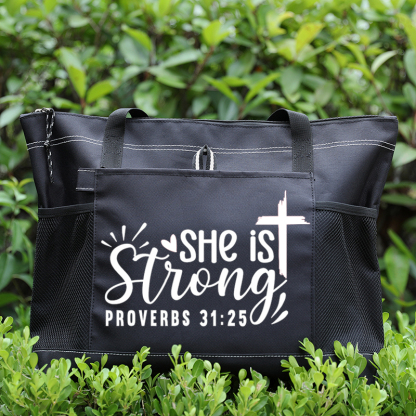 She Is Strong Proverbs 31:25 Tote Bag
