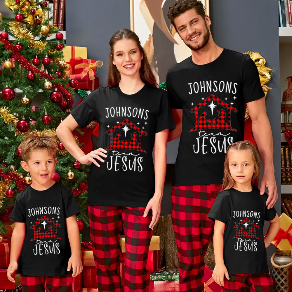 Personalized Buffalo Plaid Nativity Christmas Family Matching Christian T-Shirt