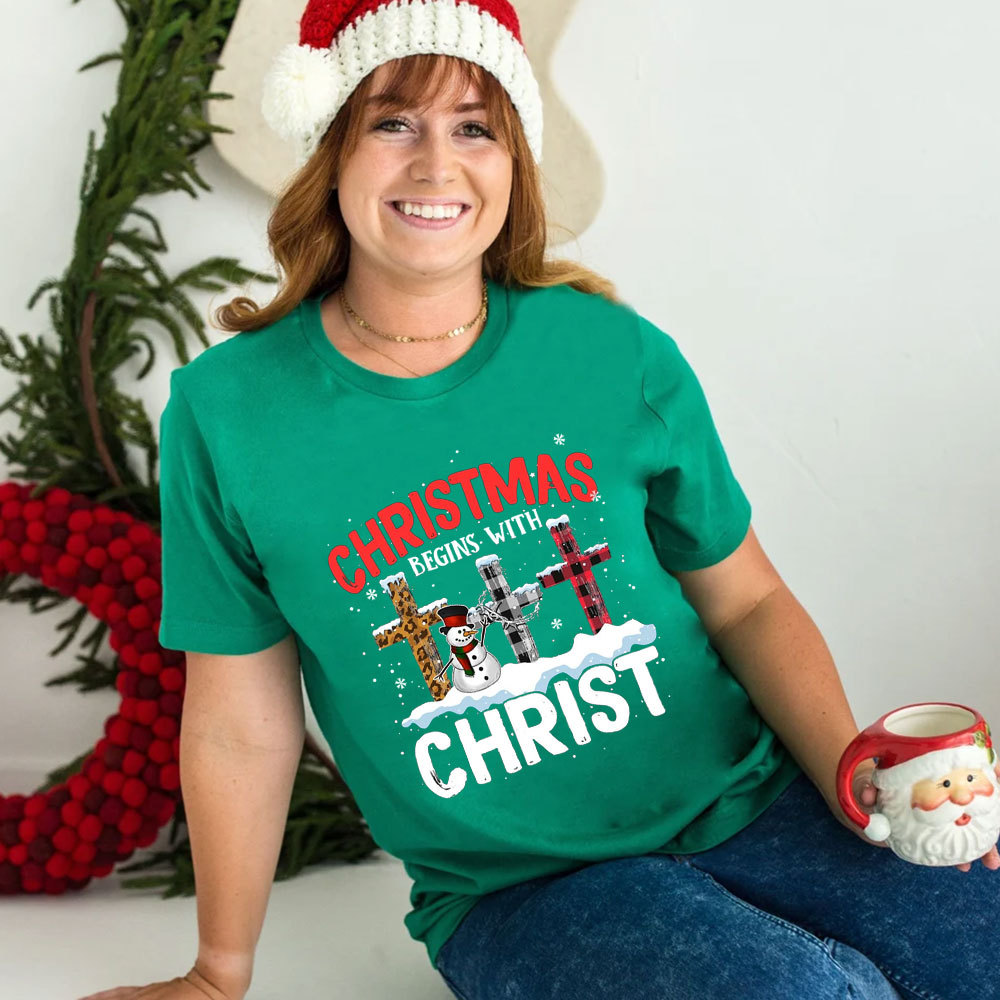 Christmas Begins with Christ Snowman Cross Shirt