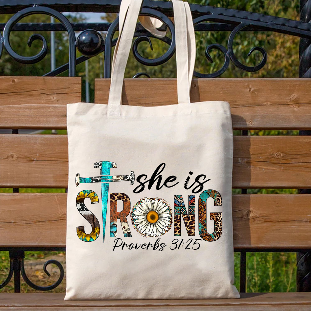 She Is Strong Leopard Daisy Design Canvas Tote Bag