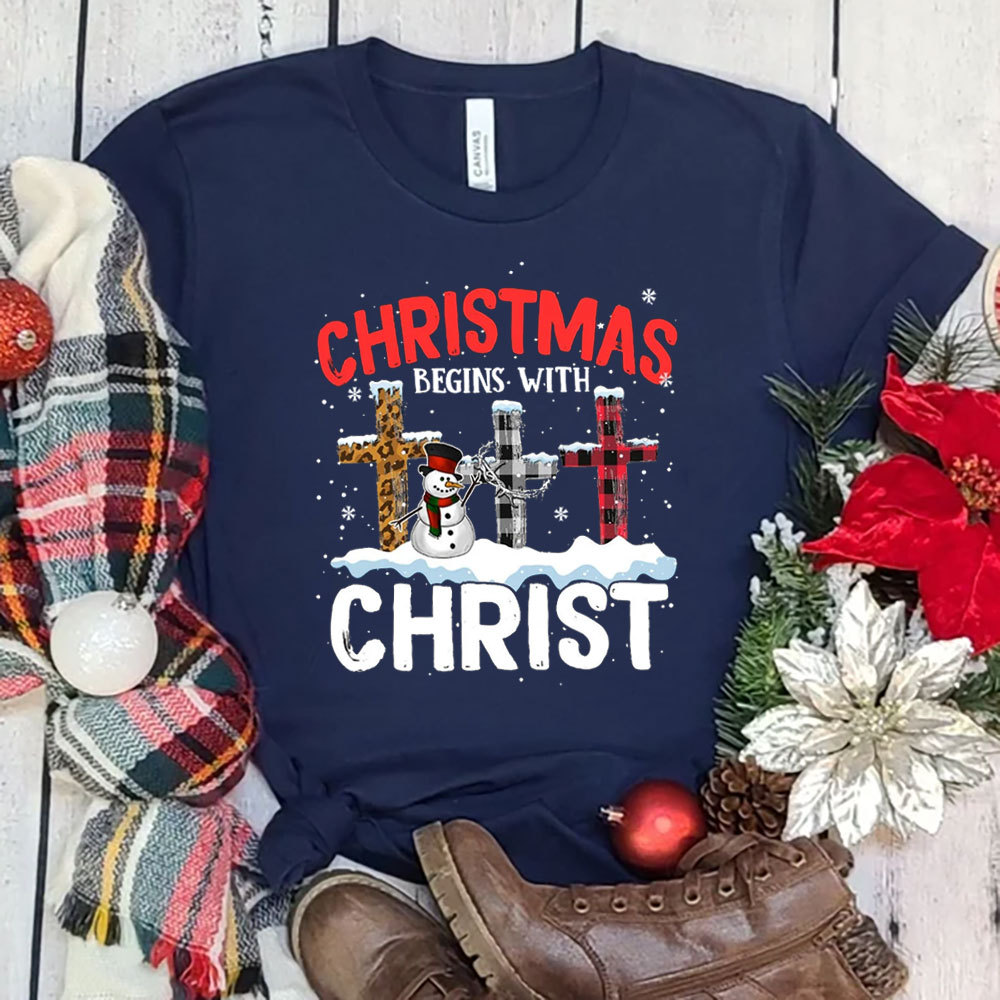 Christmas Begins with Christ Snowman Cross Shirt