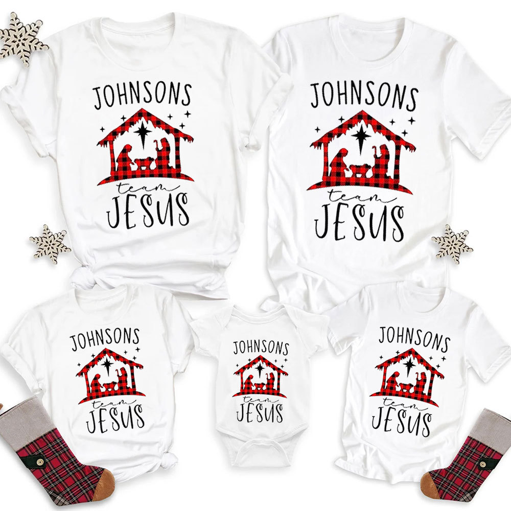 Personalized Buffalo Plaid Nativity Christmas Family Matching Christian T-Shirt