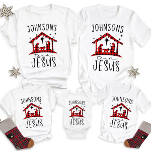 Image of Personalized Buffalo Plaid Nativity Christmas Family Matching Christian T-Shirt