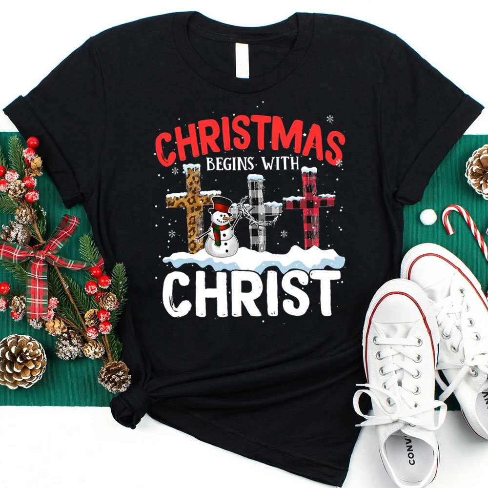 Christmas Begins with Christ Snowman Cross Shirt