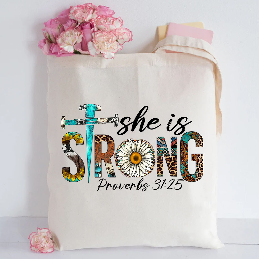 She Is Strong Leopard Daisy Design Canvas Tote Bag