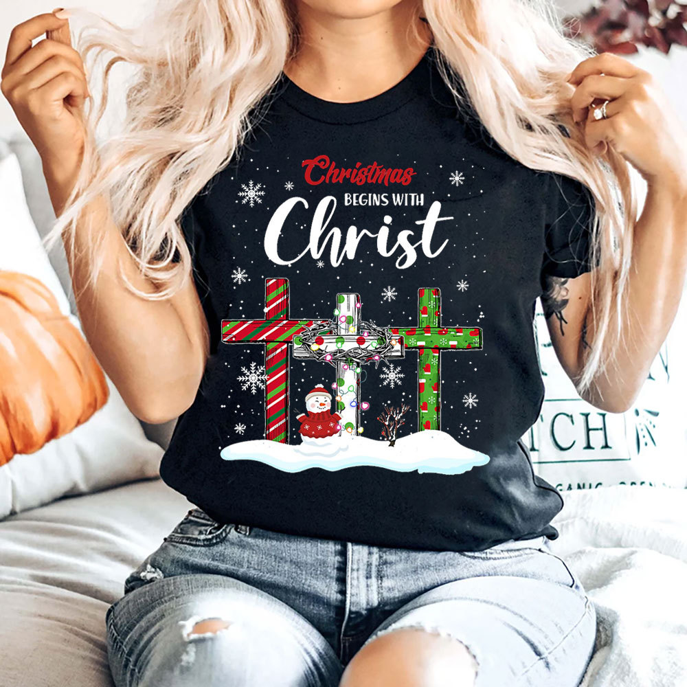 Christmas Begins with Christ Snowman Christian T-Shirt