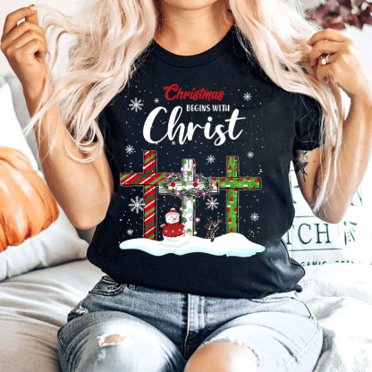 Christmas Begins with Christ Snowman Christian T-Shirt