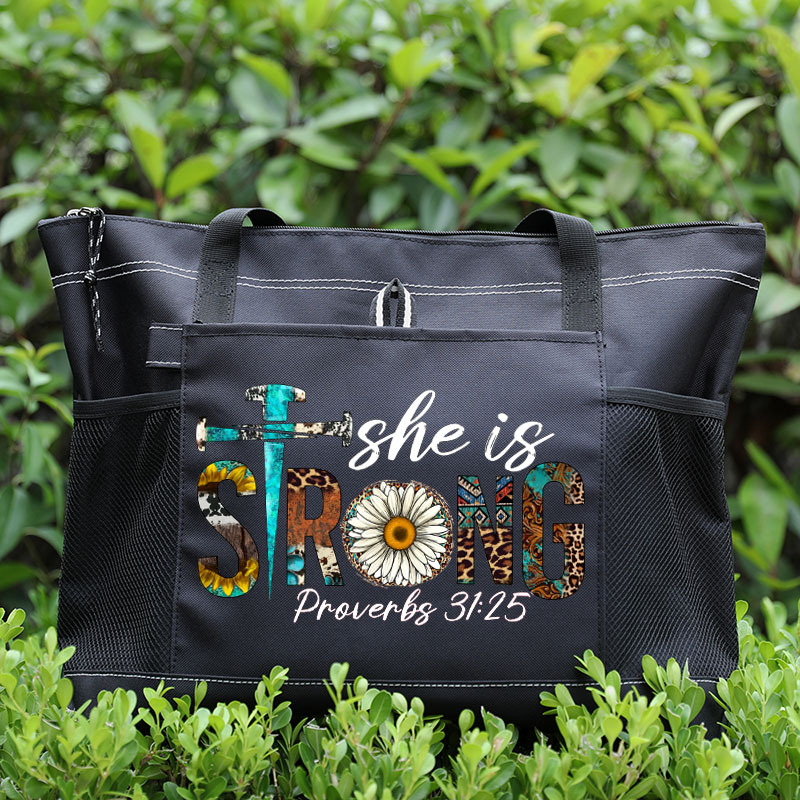 She Is Strong Leopard Daisy Design Tote Bag